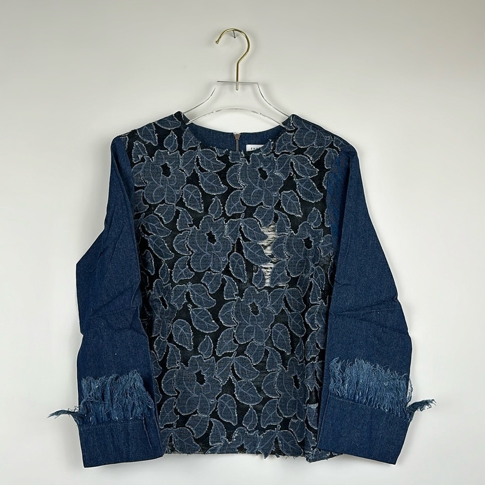 English Factory Blue Denim Sheer Blouse Embroidered Flower Long Sleeve Fringe XS